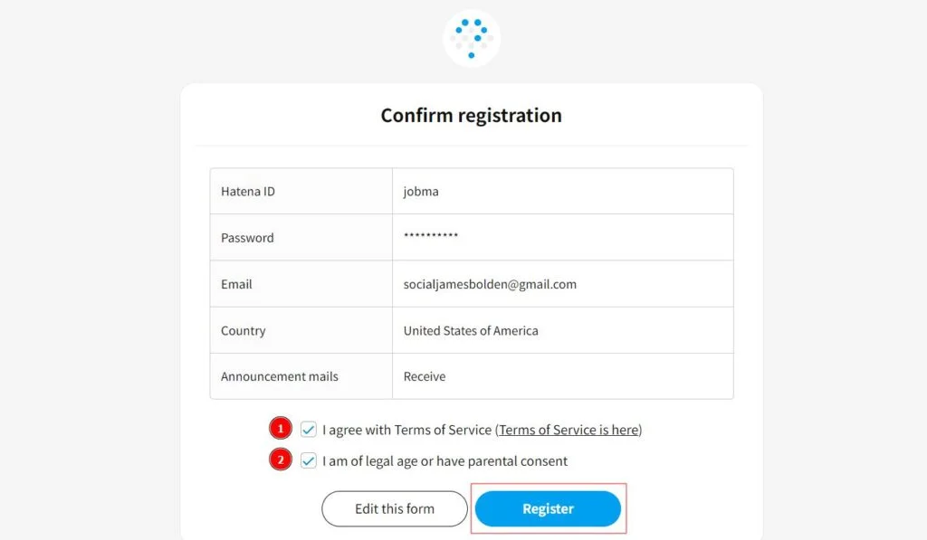 Hatena confirm registration page showing user details including ID, email, country, and options to agree to terms of service and confirm legal age before completing registration.