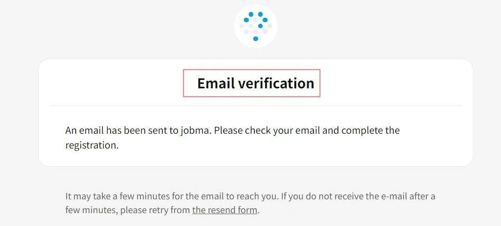 Hatena email verification message prompting the user to check their inbox to complete the registration process, with instructions to resend if not received.