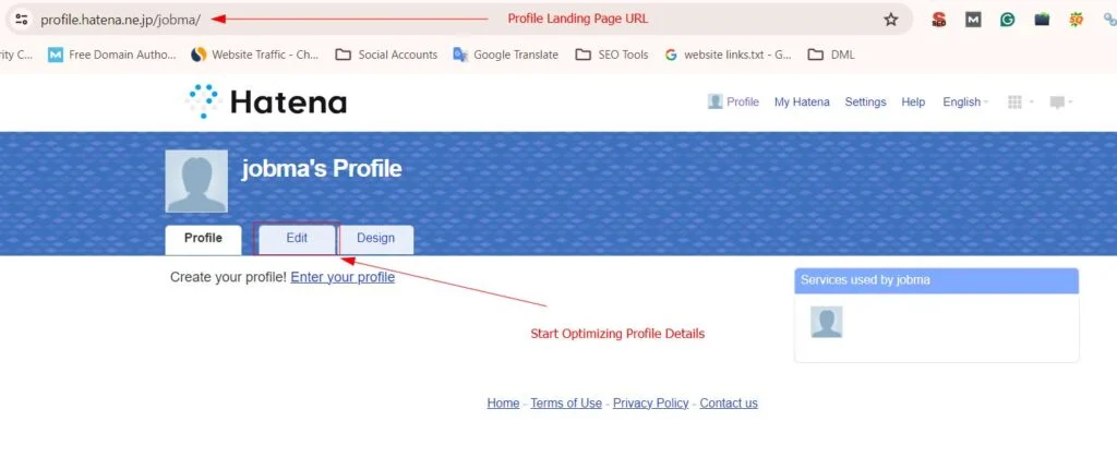 Screenshot of a Hatena user profile page showing the profile URL, edit and design buttons, and a prompt to enter and optimize profile details.