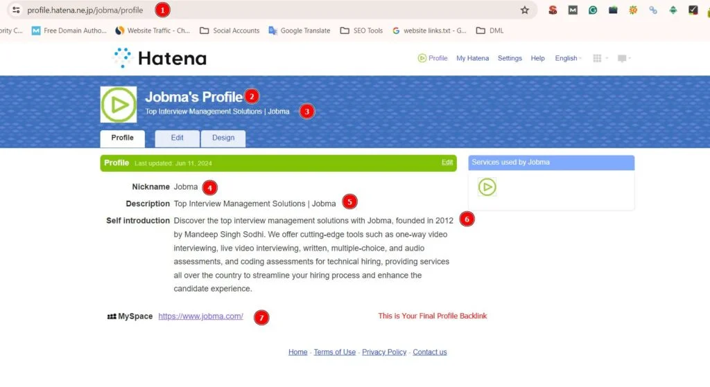 Screenshot of a completed Hatena profile for Jobma showing profile URL, nickname, description, detailed self-introduction, and a profile backlink to the official Jobma website.